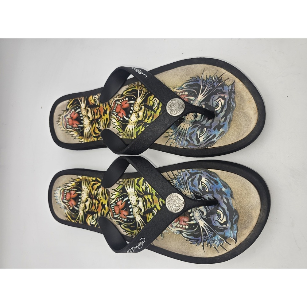 Ed Hardy tiger tattoo-graphic flip flop sandals. Mens Size 9/10